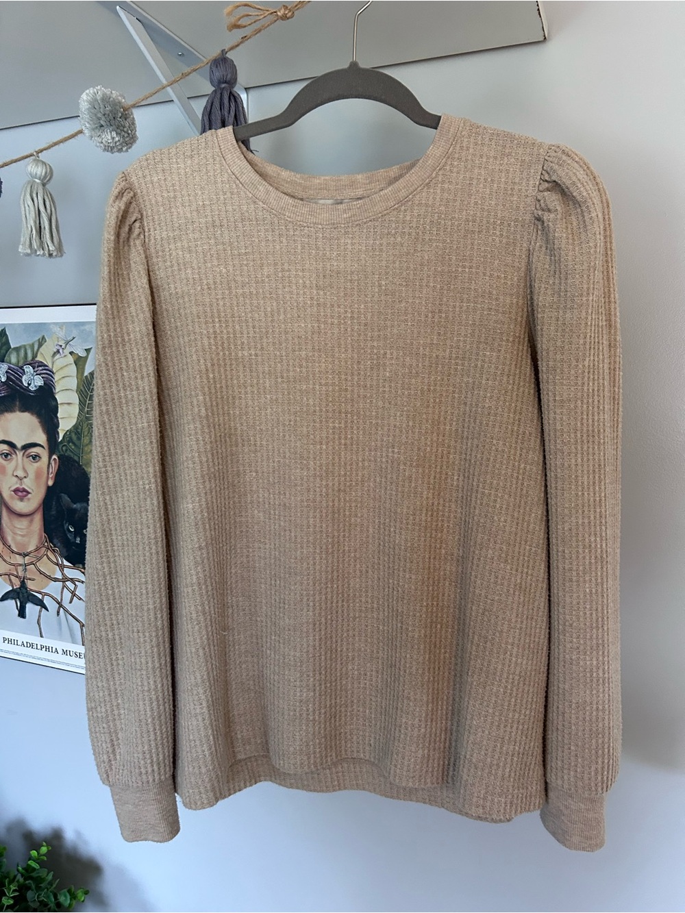 LOFT Beige Ribbed Puff-Sleeve Long-Sleeve Top